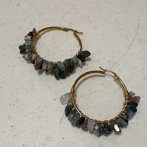 Gold Hoop Earrings with Multicolor Semi-Precious Stones 1.5”  hypoallergenic